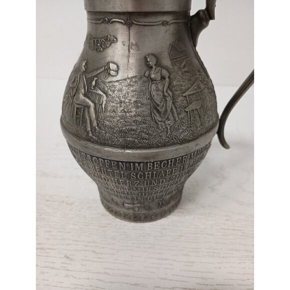 Vintage Frieling Zinn Germany Pewter Handled Pitcher Etched Design Victorian - Picture 4 of 13